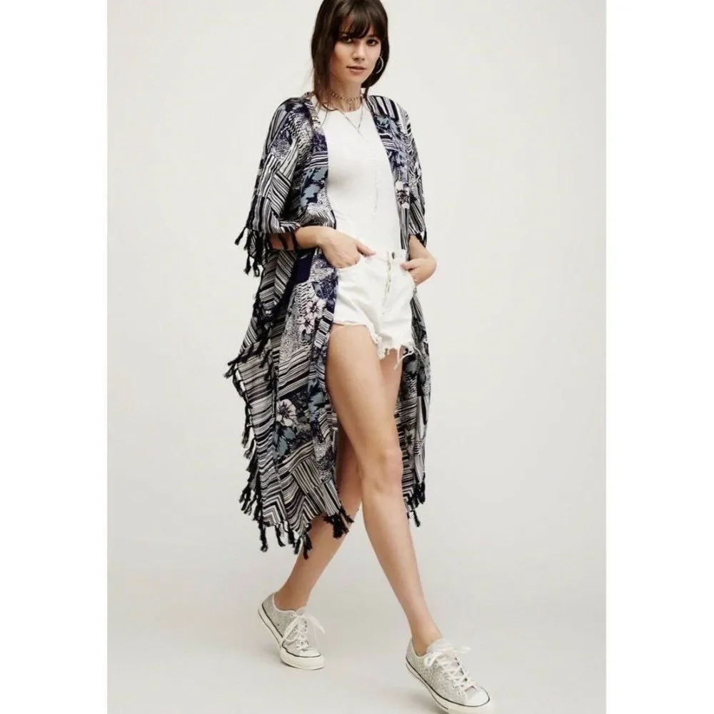 NEW FREE PEOPLE OS MAUI BABE PRINTED FRINGE TRIM FLORAL STRIPED DUSTER KIMONO